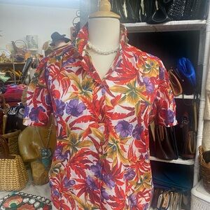 Lady Holiday - vintage 80’s- Hawaiian Floral Button-Up Shirt, puff sleeve - 1X